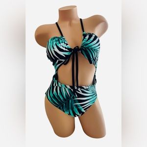 Victoria's Secret Pink Swimsuit Strappy One-Piece Keyhole Monkini Palms Large